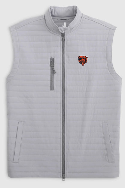 A light gray quilted sleeveless zip-front vest with a stand collar, a vertical zip pocket on the chest, and a small red and black tiger head logo on the left chest, shown on a light gray background.