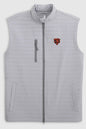 A light gray quilted sleeveless zip-front vest with a stand collar, a vertical zip pocket on the chest, and a small red and black tiger head logo on the left chest, shown on a light gray background.