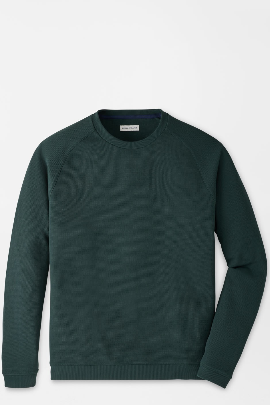 A dark forest green crewneck sweatshirt with raglan sleeves, displayed flat against a light gray background.
