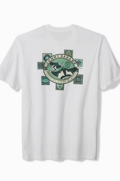 White t-shirt with a graphic design on the back on a white background