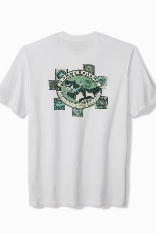 White t-shirt with a graphic design on the back on a white background