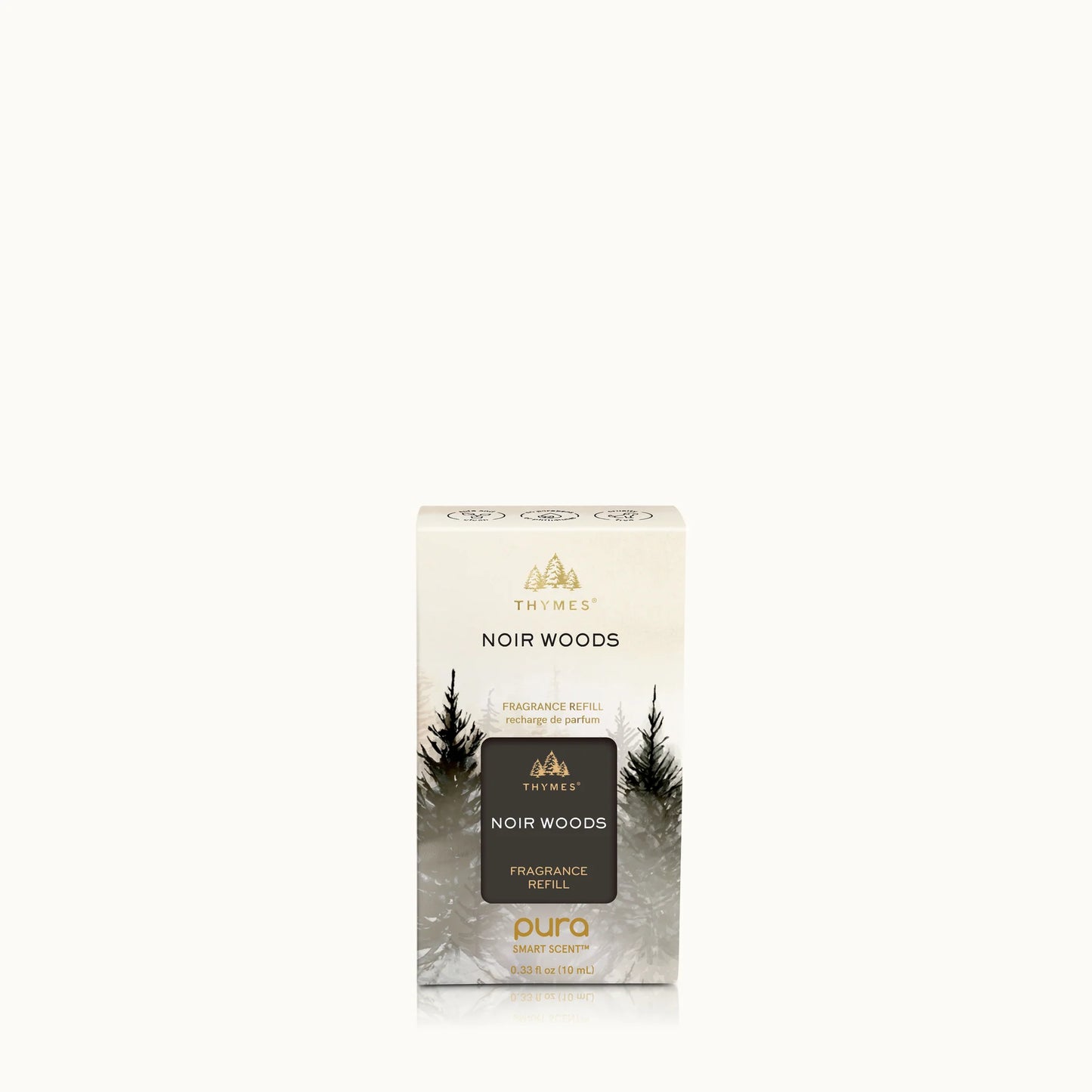 Thymes Noir Woods fragrance refill packaging on a white background