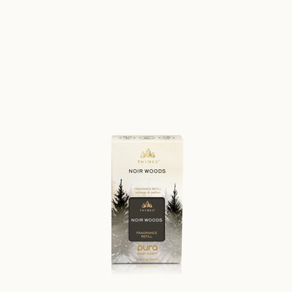 Thymes Noir Woods fragrance refill packaging on a white background