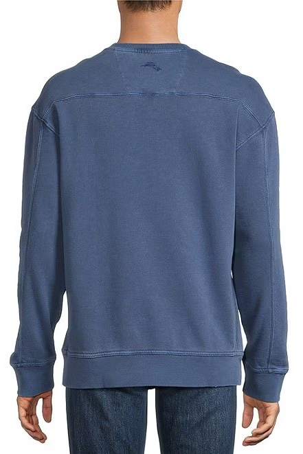A person viewed from the back wearing a muted blue crewneck sweatshirt and dark blue jeans against a plain white background.