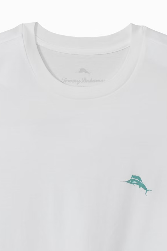 White t-shirt with a small green logo on a white background