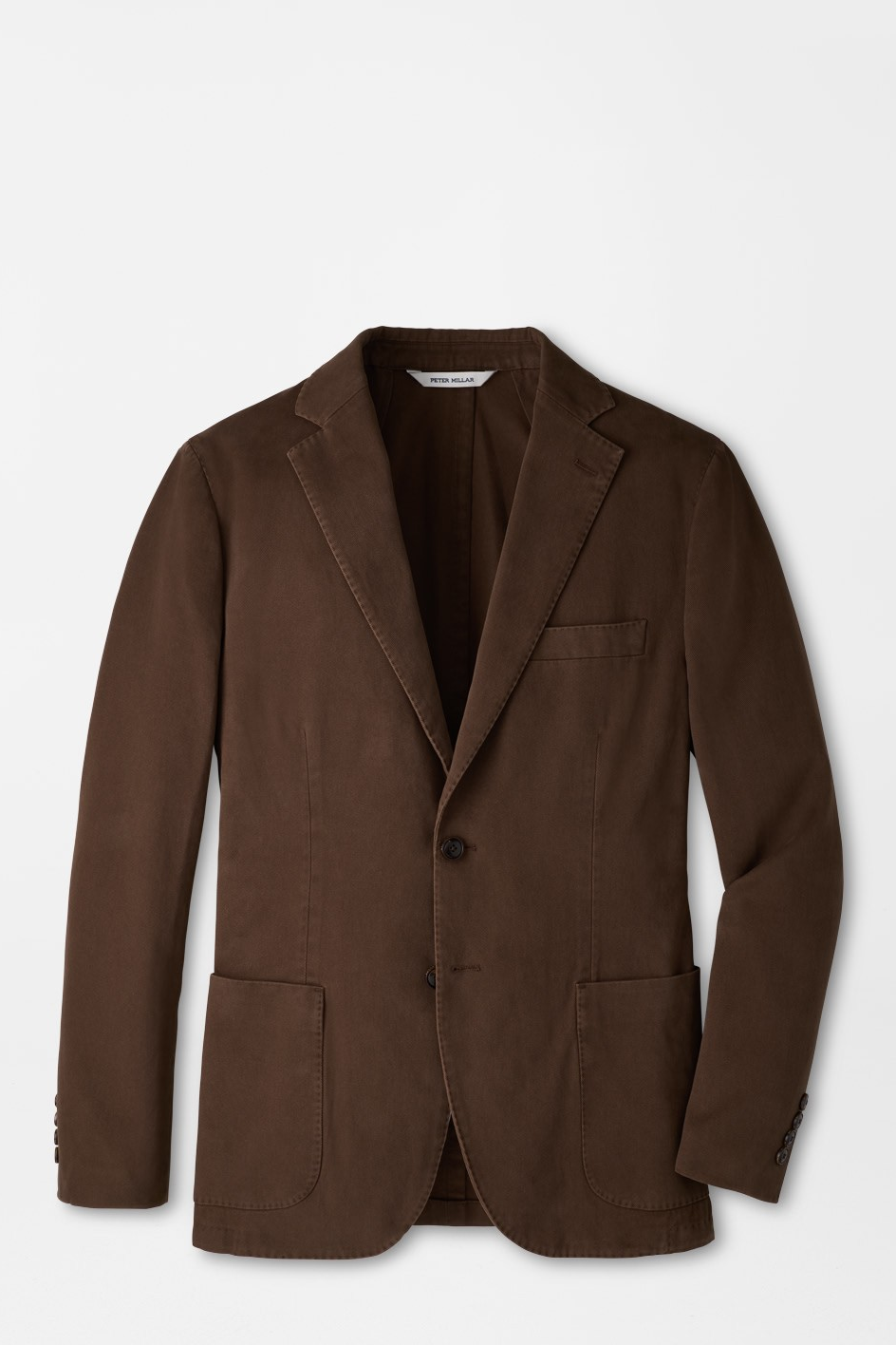 A brown single-breasted blazer with notch lapels, a two-button closure, and front patch pockets, shown on a light gray background.