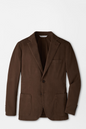 A brown single-breasted blazer with notch lapels, a two-button closure, and front patch pockets, shown on a light gray background.
