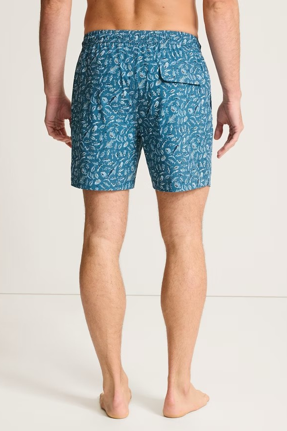 Person wearing blue patterned shorts on a white background