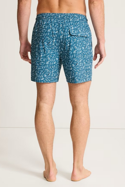Person wearing blue patterned shorts on a white background