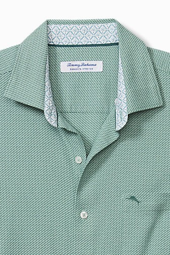 Close-up of a Tommy Hilfiger men's polo shirt in a light sage green and white micro-pattern, featuring a classic collar, white buttons, and the signature Hilfiger flag logo on the chest.