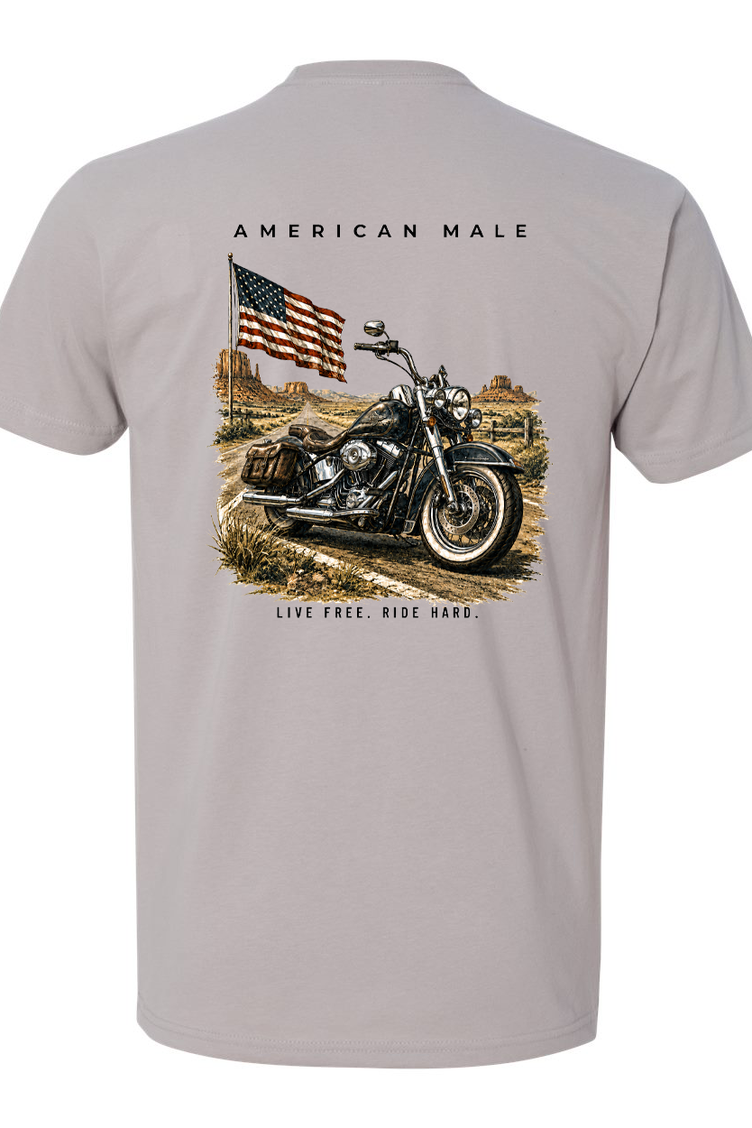 Gray t-shirt with a motorcycle graphic and American flag on a white background