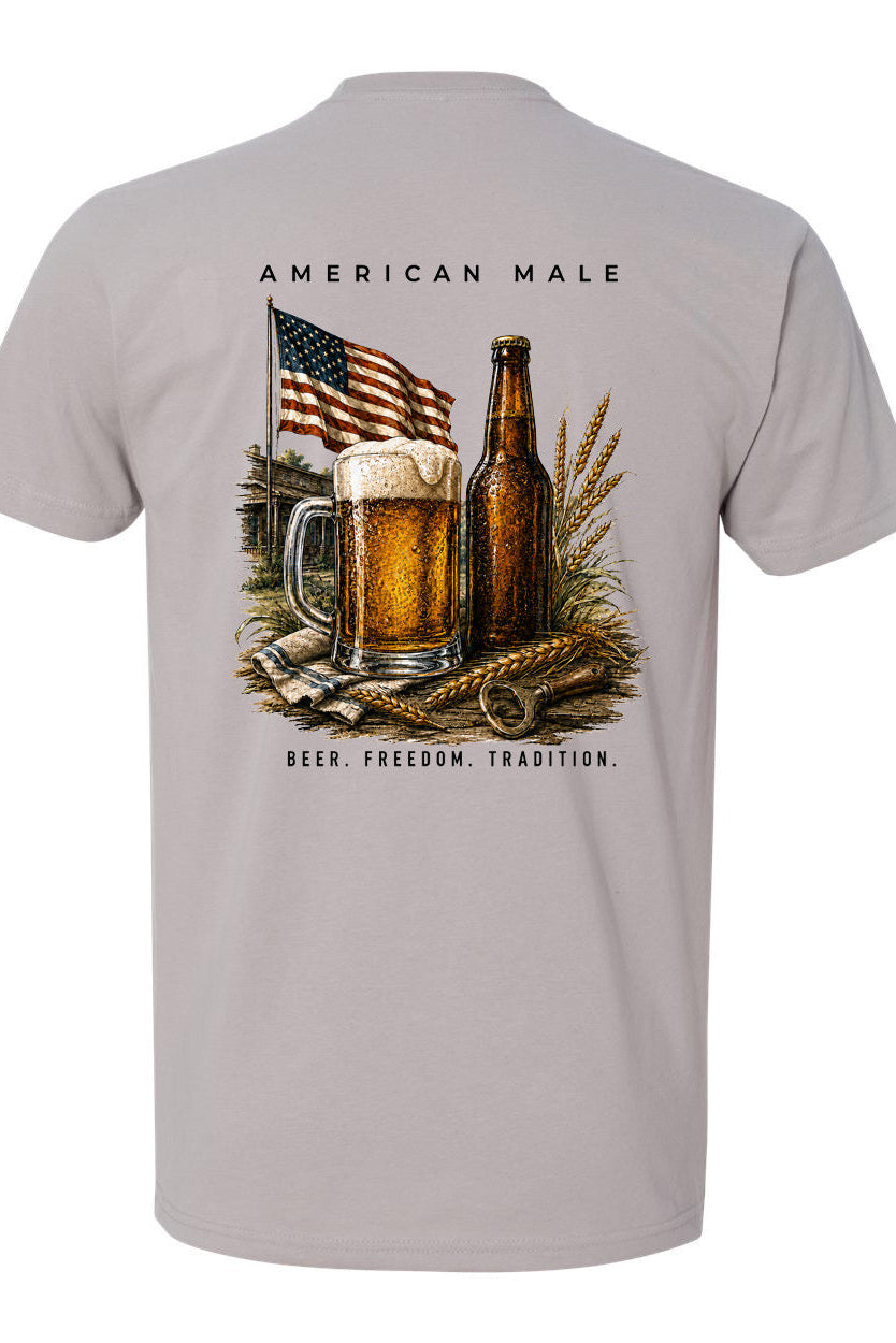 Gray t-shirt with American-themed graphic featuring beer, flag, and text on a white background