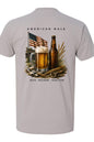 Gray t-shirt with American-themed graphic featuring beer, flag, and text on a white background
