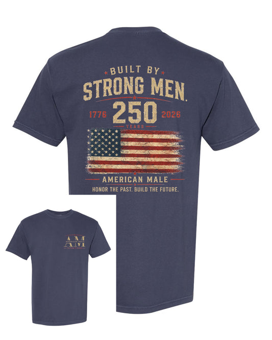 Navy blue t-shirt with American flag and text on a white background