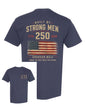 Navy blue t-shirt with American flag and text on a white background