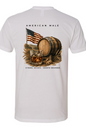 White t-shirt with American Male graphic featuring a barrel and glass of whiskey on a white background