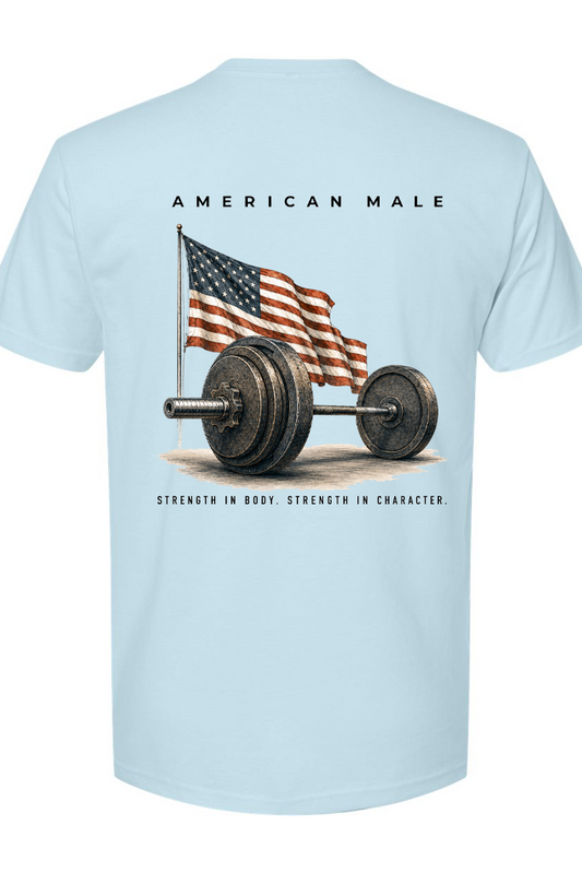 Light blue t-shirt with American flag and barbell graphic, text 'American Male' and 'Strength in Body, Strength in Character'.
