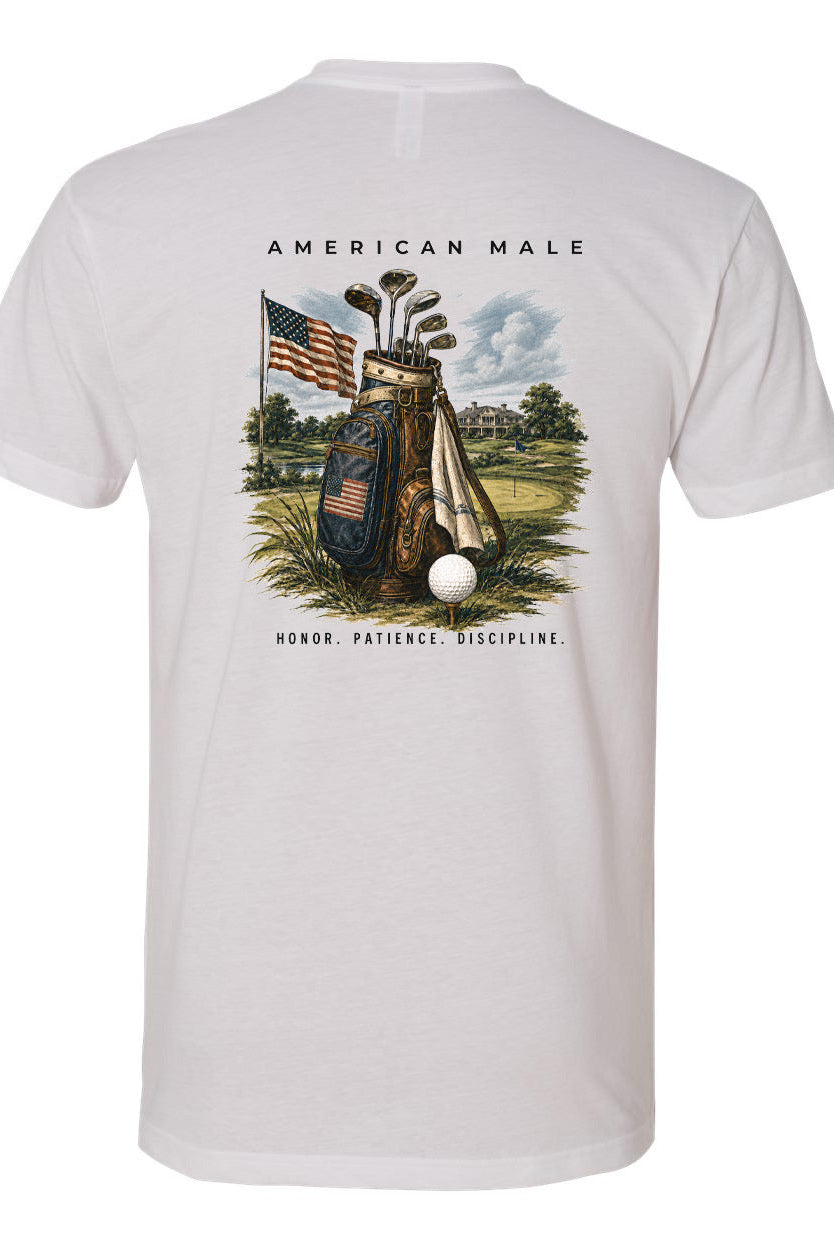 White t-shirt with a golf-themed graphic on a white background