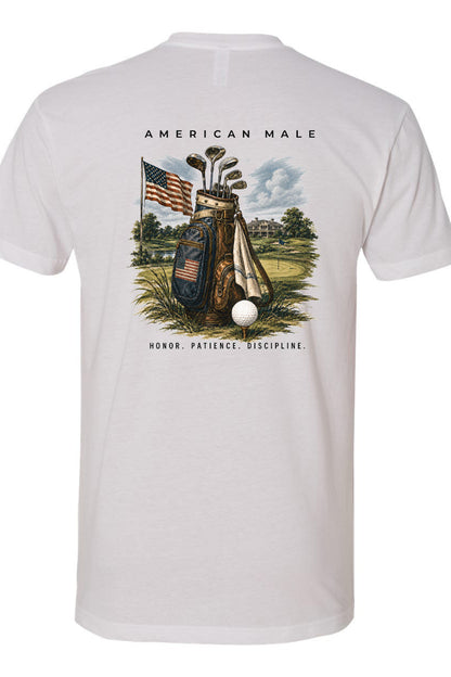 White t-shirt with a golf-themed graphic on a white background