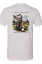 White t-shirt with a golf-themed graphic on a white background