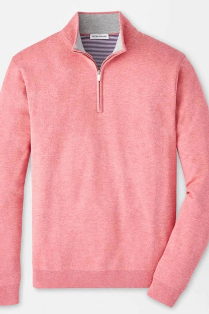 A pink long-sleeve quarter-zip sweater with a ribbed mock neck collar, displayed on a clean white background.