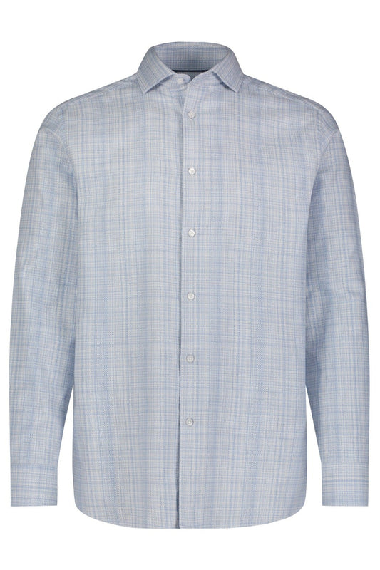 A light blue and white plaid long-sleeve button-down shirt, shown flat against a solid white background.