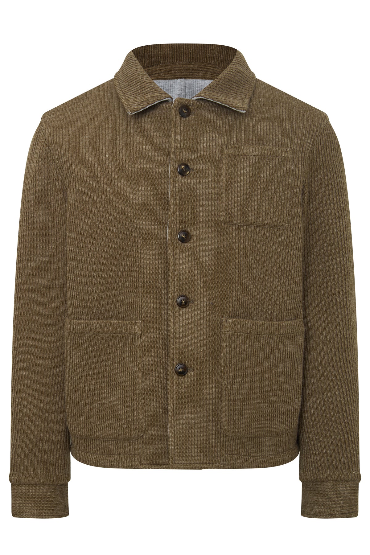 An olive brown corduroy jacket with a button-up front, collar, and front pockets, shown on a plain white background.