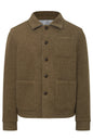 An olive brown corduroy jacket with a button-up front, collar, and front pockets, shown on a plain white background.