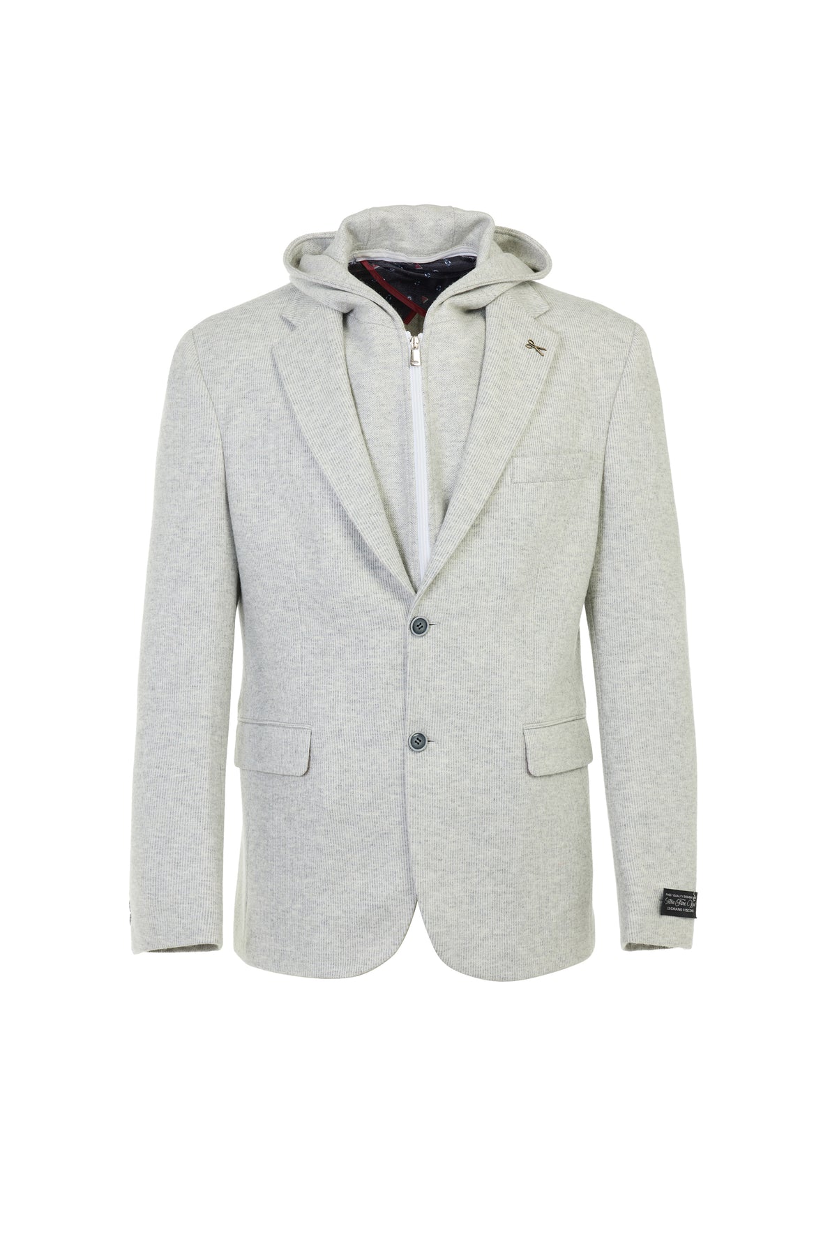 A light gray heathered blazer jacket featuring a built-in hood with a zipper, two front flap pockets, and a two-button closure, shown on a plain white background.