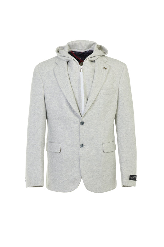 A light gray heathered blazer jacket featuring a built-in hood with a zipper, two front flap pockets, and a two-button closure, shown on a plain white background.