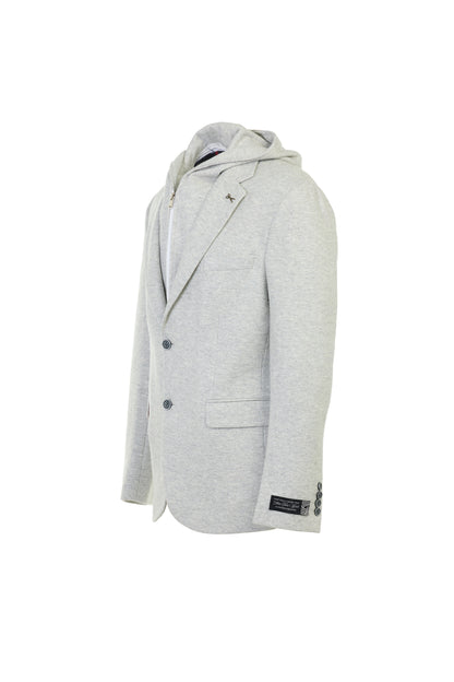 A light gray heathered hooded blazer jacket with a zippered hood, two front buttons, and flap pockets, shown from a side profile on a white background.