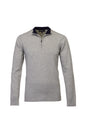 A light gray heathered quarter-zip pullover sweater with a contrasting dark navy collar, displayed on a clean white background.