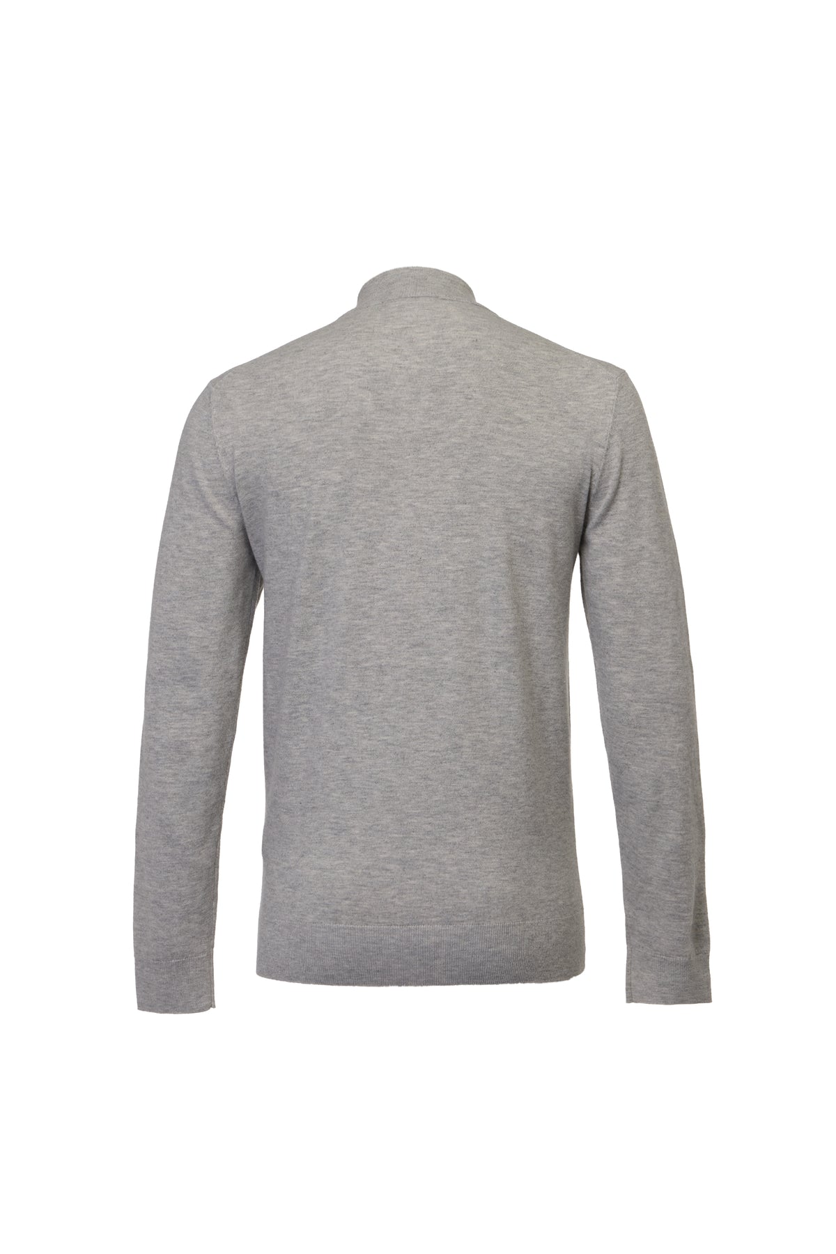 A light gray heathered knit sweater shown from the back, featuring a mock neck collar and long sleeves, displayed on a clean white background.