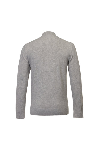 A light gray heathered knit sweater shown from the back, featuring a mock neck collar and long sleeves, displayed on a clean white background.
