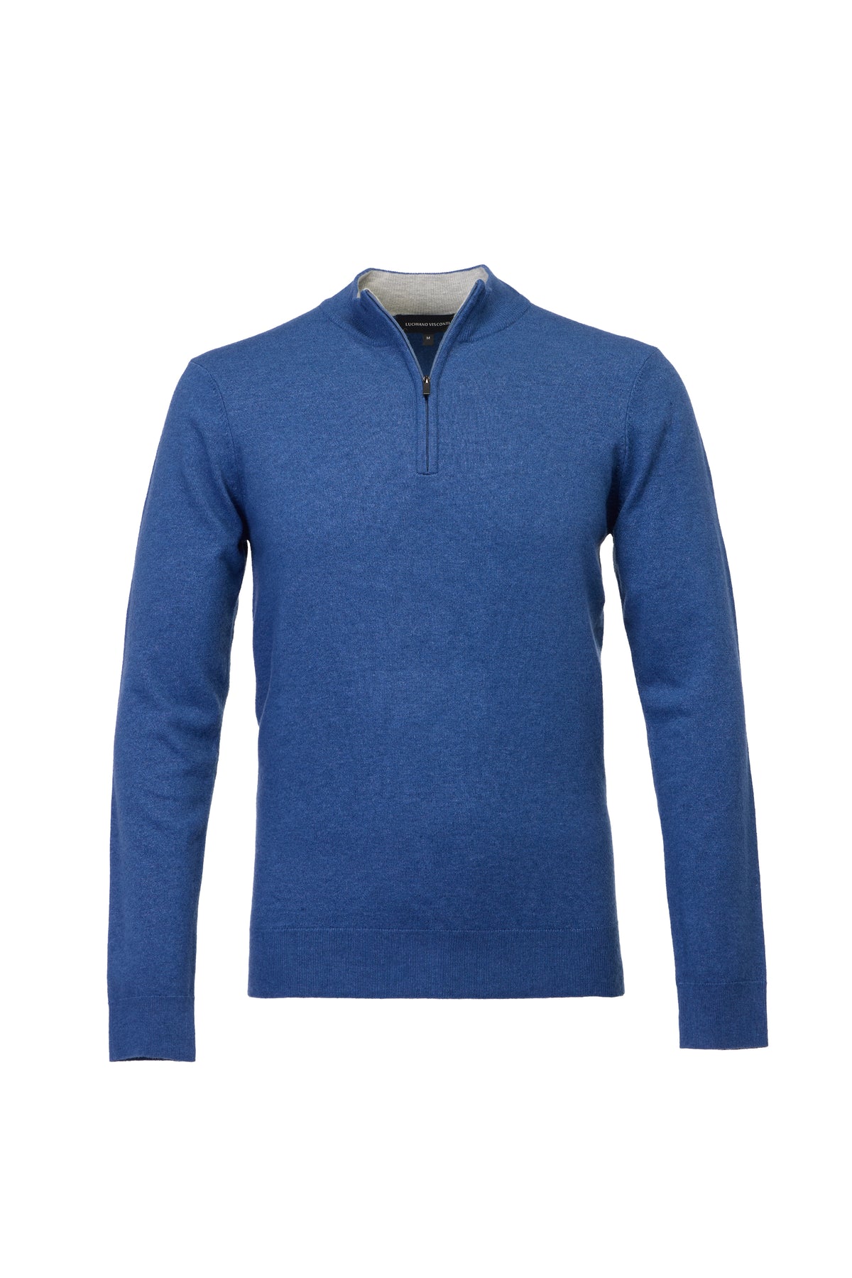 A men's blue long-sleeve quarter-zip sweater displayed on a clean white background.