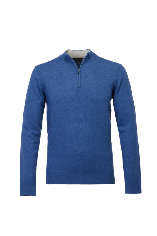 A men's blue long-sleeve quarter-zip sweater displayed on a clean white background.