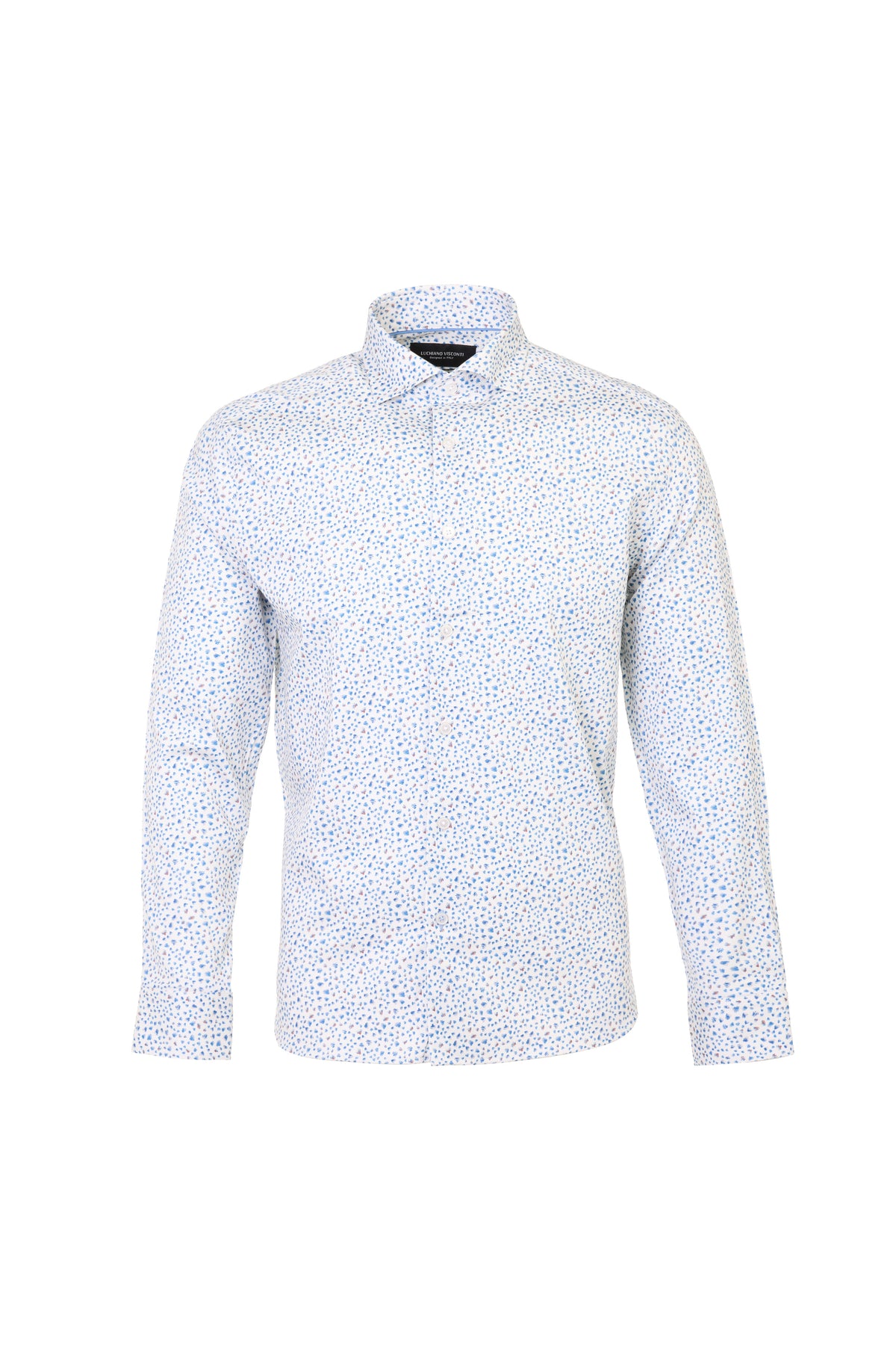 A long-sleeve button-up shirt with a white base and a dense, small blue and red floral print, displayed on a clean white background.