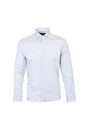 A long-sleeve button-up shirt with a white base and a dense, small blue and red floral print, displayed on a clean white background.