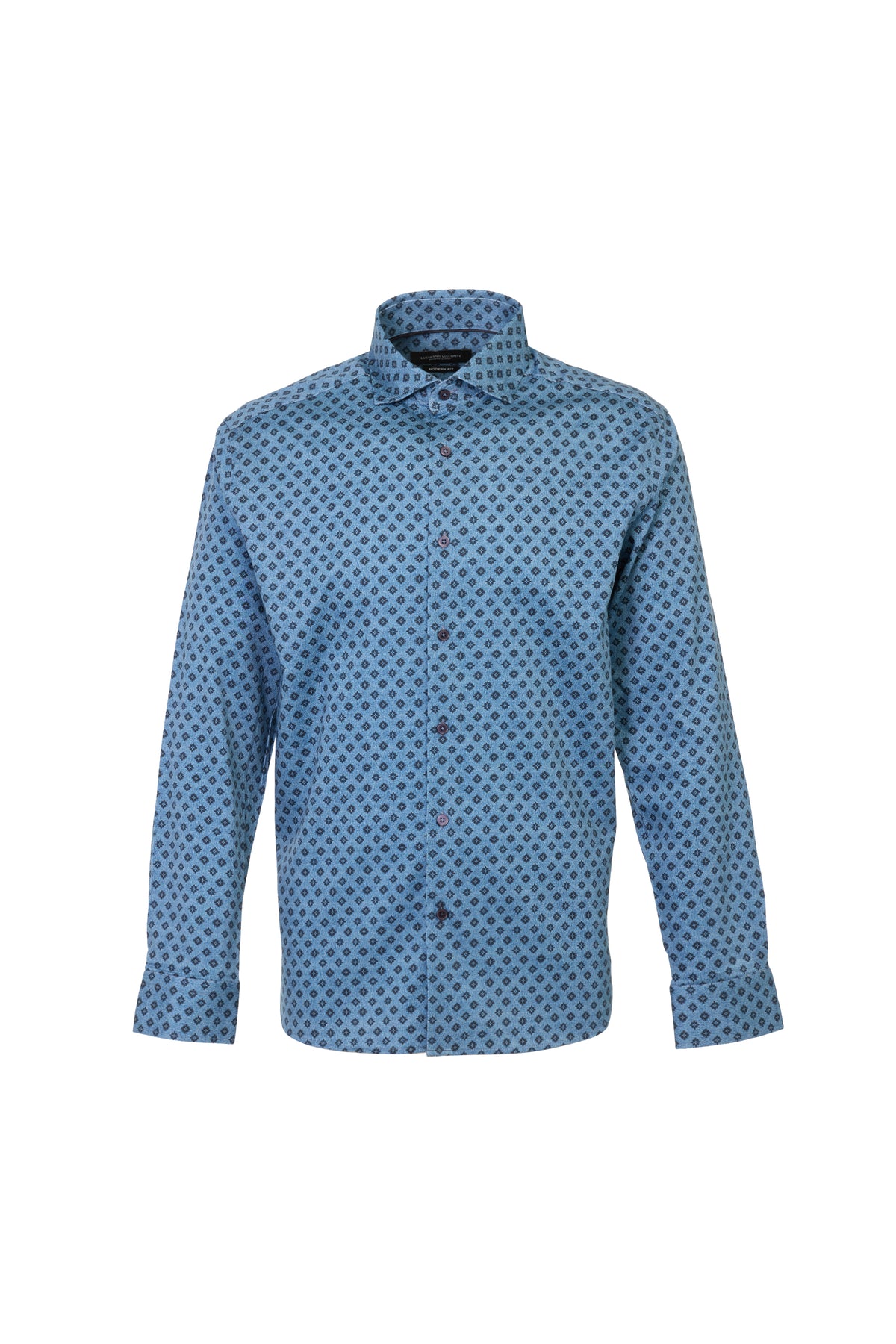 A men's long-sleeve button-down shirt in a medium blue base color with a small, dense black geometric pattern, displayed on a clean white background.