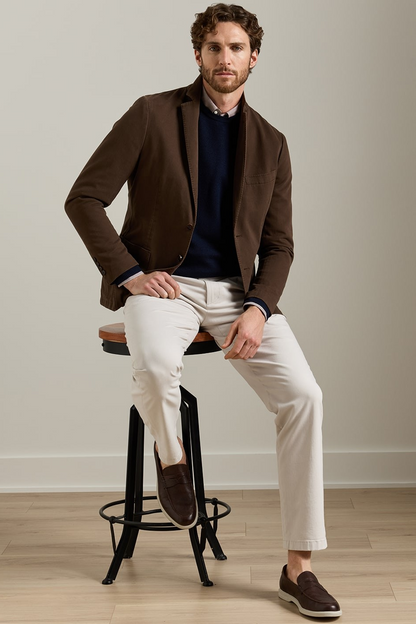 A man wearing a brown blazer, navy sweater, cream trousers, and brown loafers sits on a black metal stool in a studio setting with a light beige wall and wood floor.