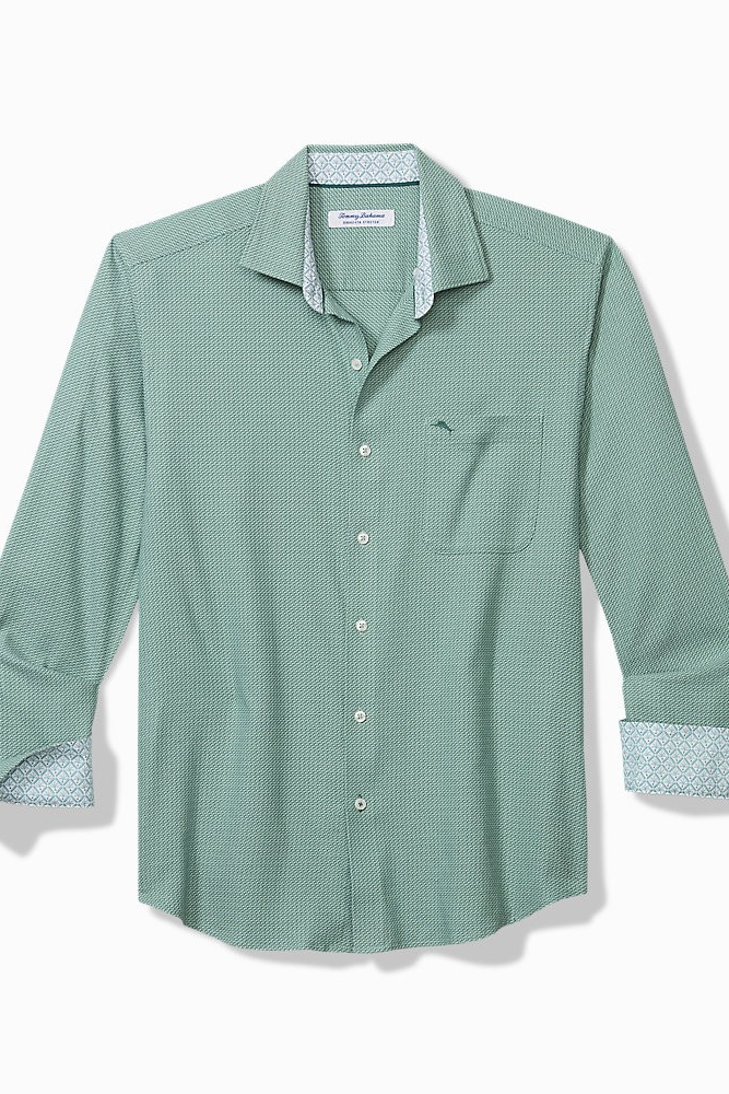 A long-sleeve button-down shirt in a light green and white micro-check pattern, featuring a chest pocket and a patterned inner collar and cuff lining, displayed on a clean white background.