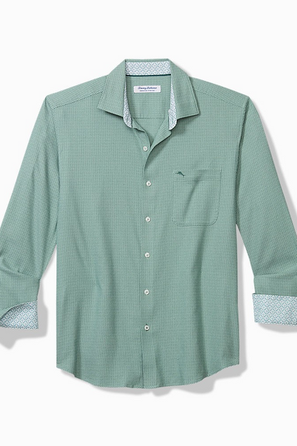 A long-sleeve button-down shirt in a light green and white micro-check pattern, featuring a chest pocket and a patterned inner collar and cuff lining, displayed on a clean white background.